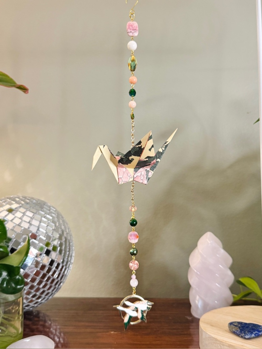 Origami Ornament #2528 - Large Crane with Repurposed Cloissoné Geese Pendant